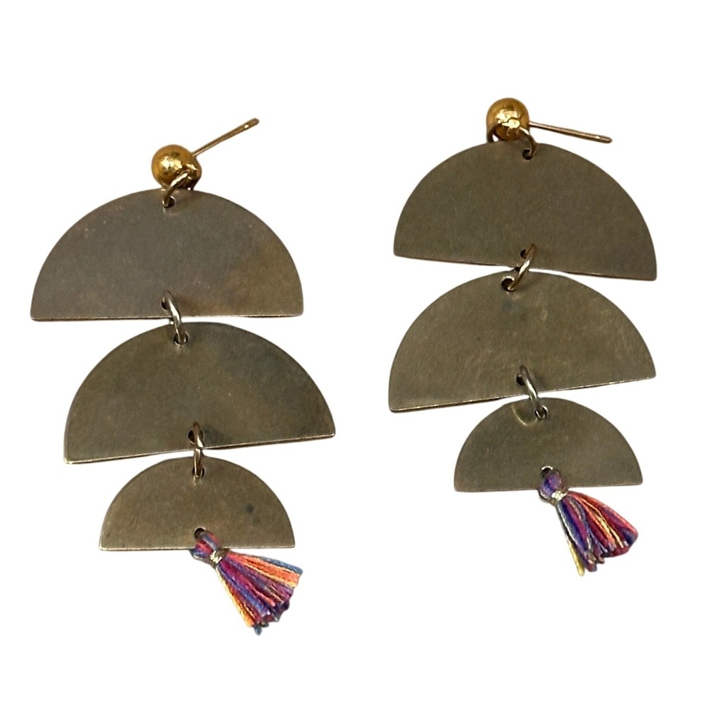 Handcrafted Brass Tiered Semi Circle Dangle Earrings with‎ Multi Color Tassels